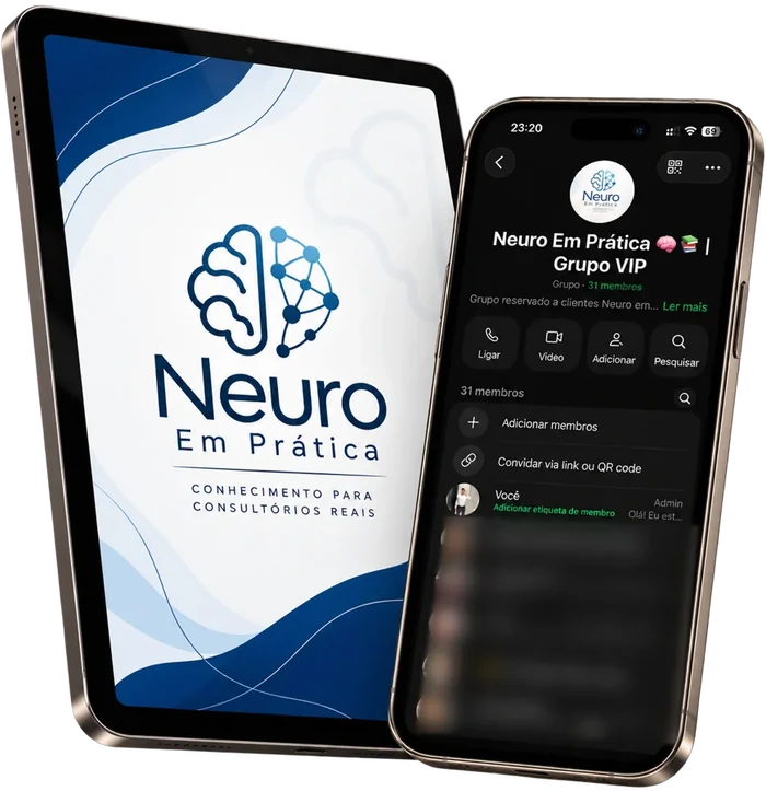 Grupo VIP da Neuro em Prática no WhatsApp, em tablet e celular